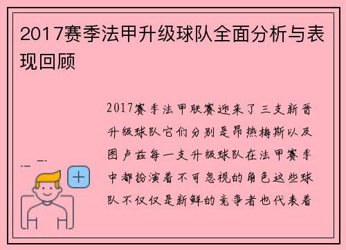 2017赛季法甲升级球队全面分析与表现回顾