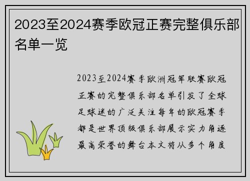 2023至2024赛季欧冠正赛完整俱乐部名单一览
