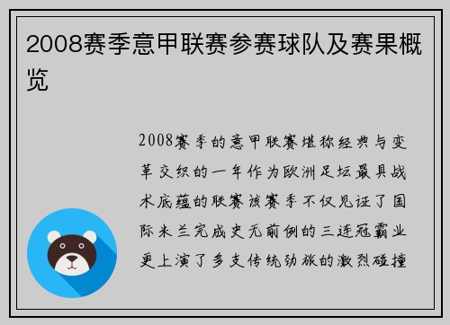2008赛季意甲联赛参赛球队及赛果概览